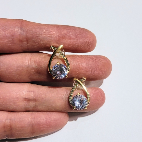 Set of gold color stainless steel Korean style earrings w/ large cubic zirconia - Picture 3 of 7